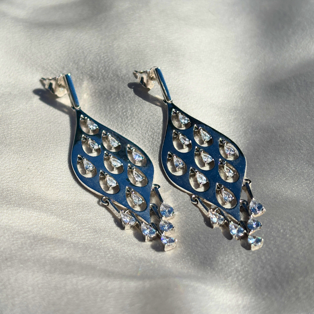 Handmade Sterling Silver Leaf-Shaped Earrings Accented with Cubic Zirconia