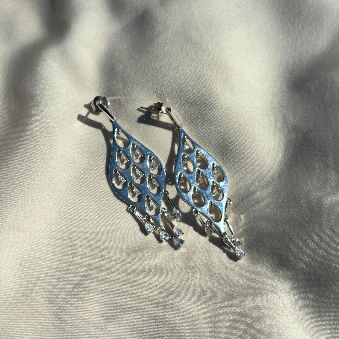 Handmade Sterling Silver Leaf-Shaped Earrings Accented with Cubic Zirconia