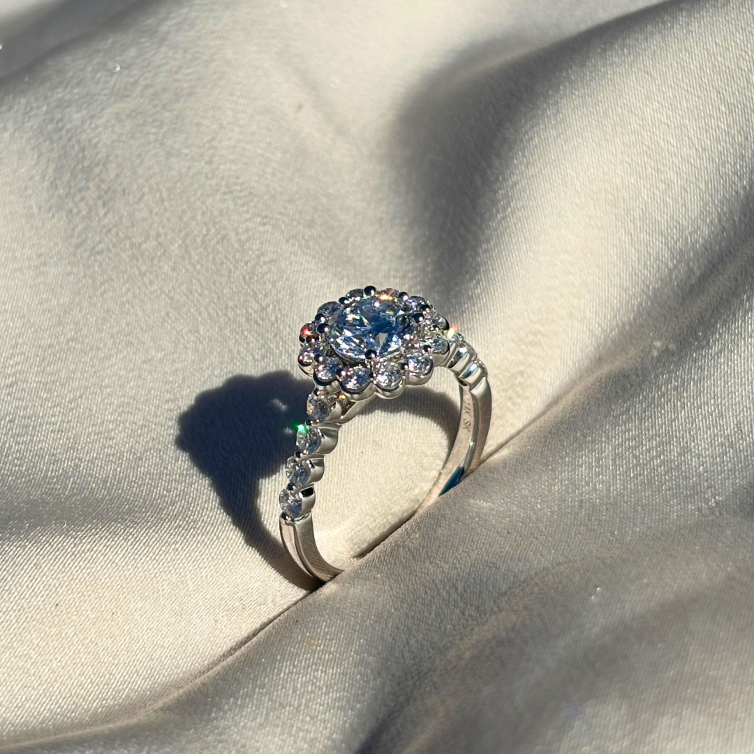 White Gold Floral Masterpiece in 9ct, Sparkling with Hand-Set Lab Diamonds